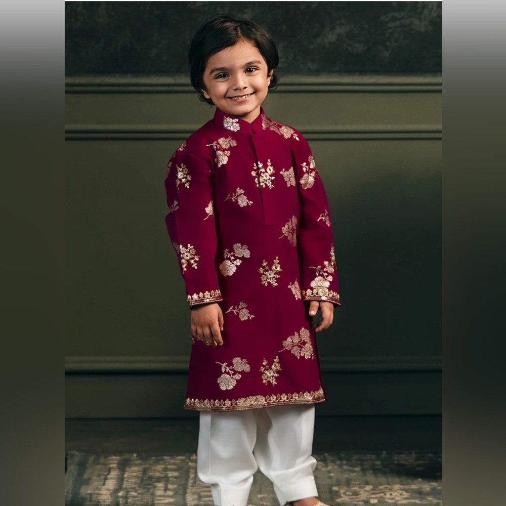 Boys Maroon Embroidered Kurta Set - Kids Matching Set